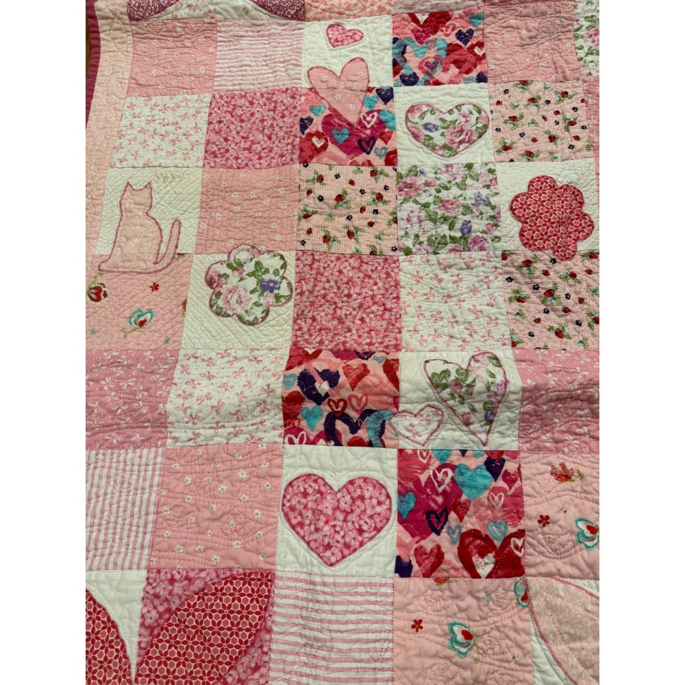 Handmade Pink Patchwork Quilt Cat Heart Floral Applique Nursery Blanket 44x44 - Picture 4 of 14